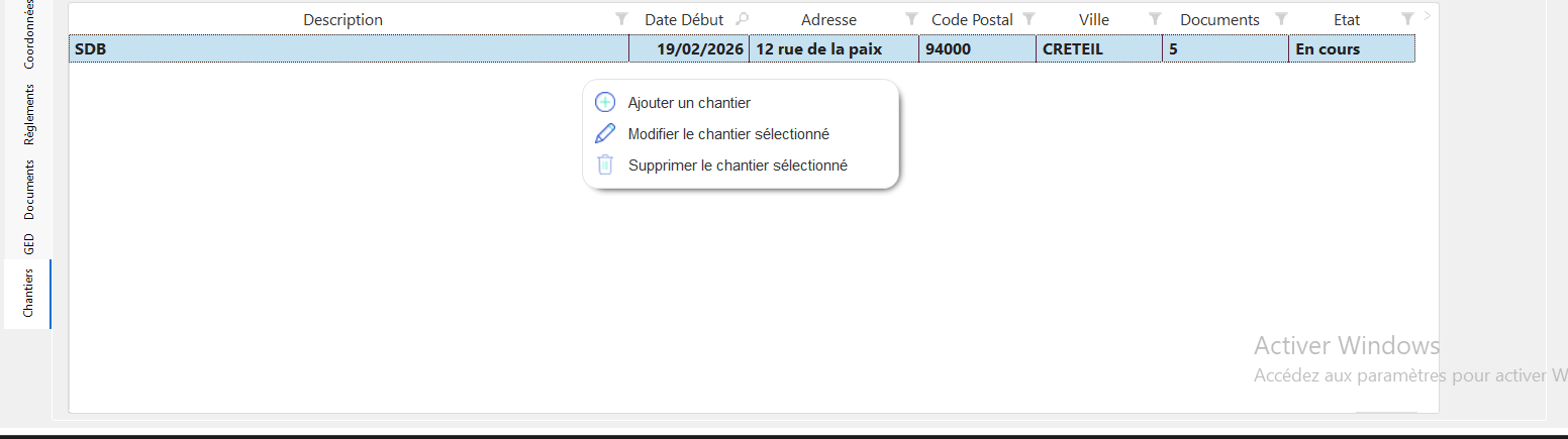 Capture d'écran des chantier du client